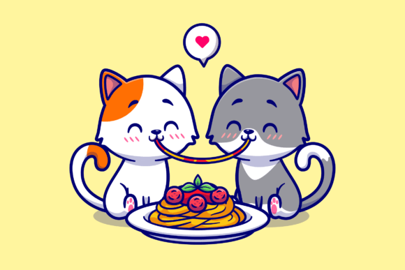 Download Cute Couple Cat Eating Spaghetti Cartoon - Spaghetti Collection