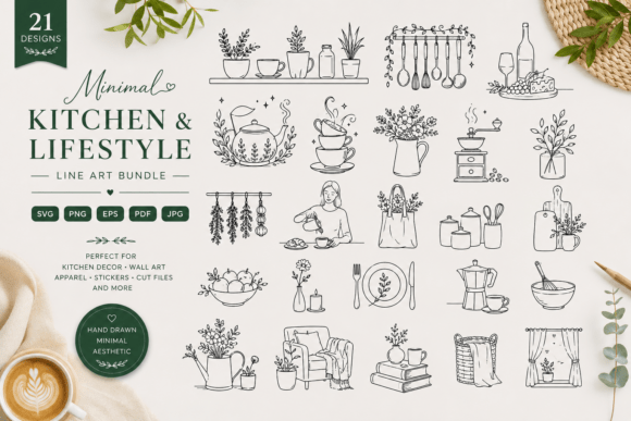 Download Cozy Kitchen Line Art Bundle - Line art Collection